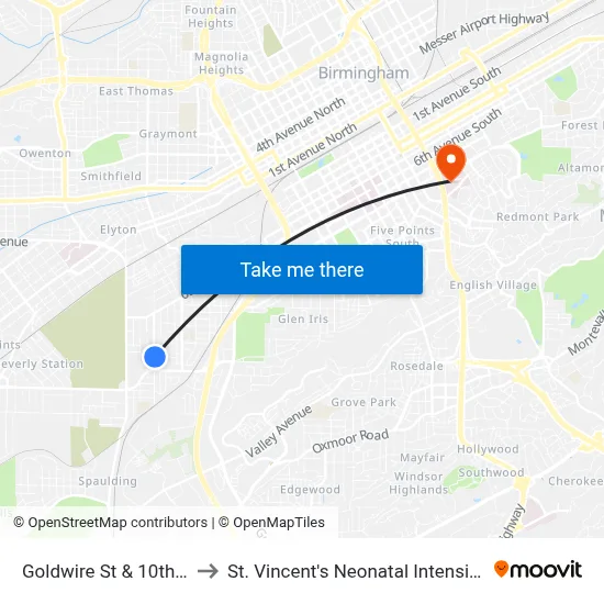 Goldwire St & 10th Ave SW to St. Vincent's Neonatal Intensive Care Unit map
