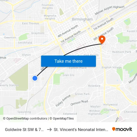 Goldwire St SW & 7th Ave SW to St. Vincent's Neonatal Intensive Care Unit map