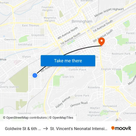 Goldwire St & 6th Ave SW to St. Vincent's Neonatal Intensive Care Unit map