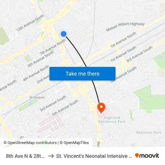 8th Ave N & 28th St N to St. Vincent's Neonatal Intensive Care Unit map