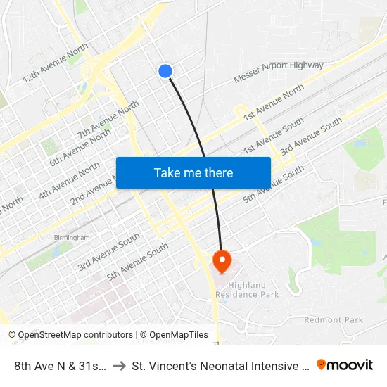 8th Ave N & 31st St N to St. Vincent's Neonatal Intensive Care Unit map