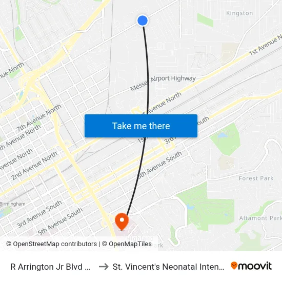 R Arrington Jr Blvd & 37th St N to St. Vincent's Neonatal Intensive Care Unit map