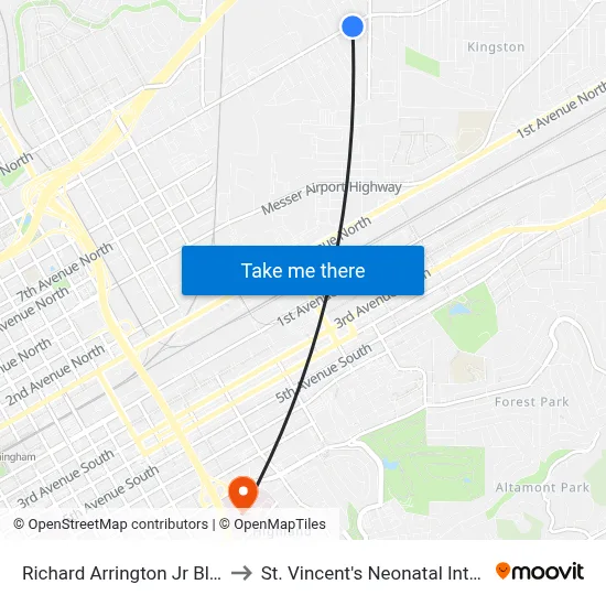 Richard Arrington Jr Blvd & Coosa St to St. Vincent's Neonatal Intensive Care Unit map