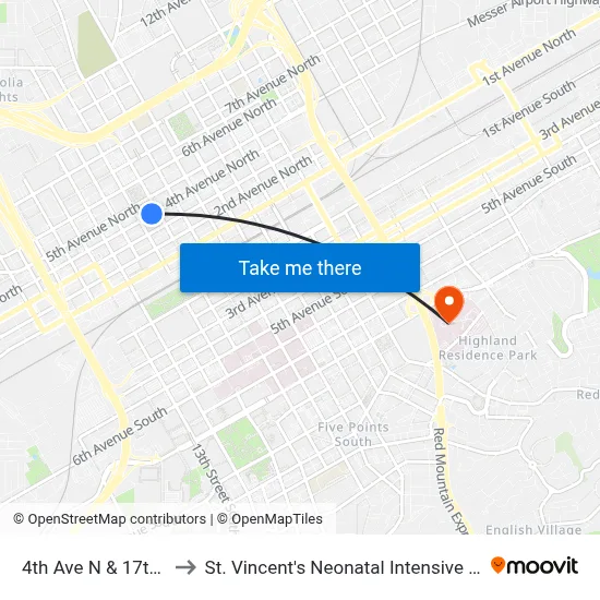 4th Ave N & 17th St N to St. Vincent's Neonatal Intensive Care Unit map