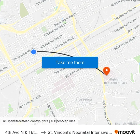 4th Ave N & 16th St N to St. Vincent's Neonatal Intensive Care Unit map