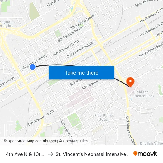 4th Ave N & 13th St N to St. Vincent's Neonatal Intensive Care Unit map