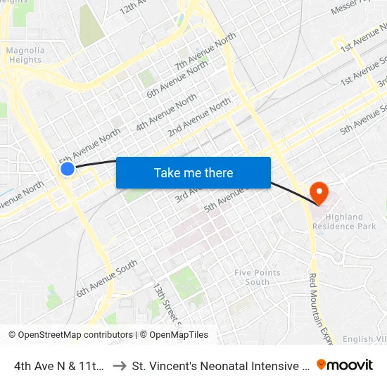 4th Ave N & 11th St N to St. Vincent's Neonatal Intensive Care Unit map