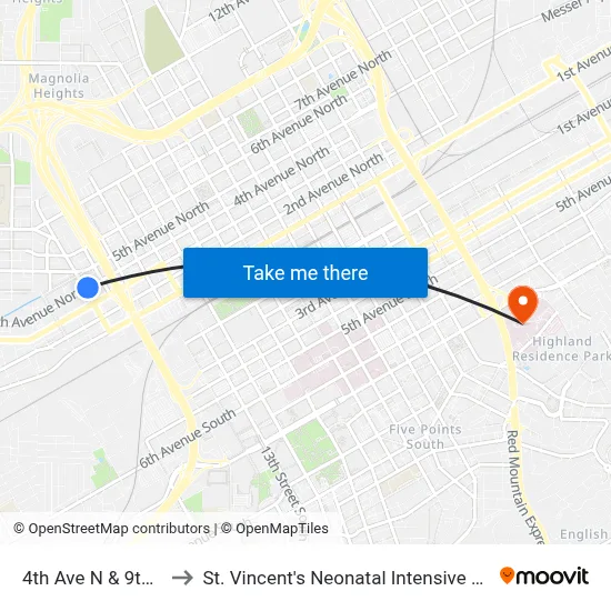 4th Ave N & 9th St N to St. Vincent's Neonatal Intensive Care Unit map
