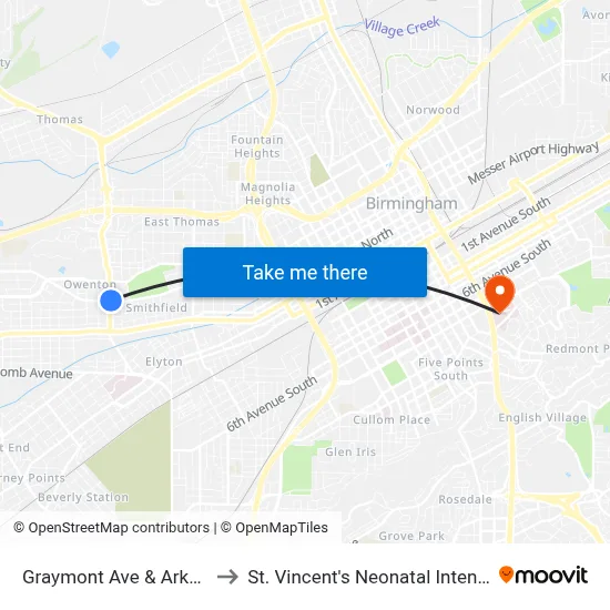 Graymont Ave & Arkadelphia Rd to St. Vincent's Neonatal Intensive Care Unit map