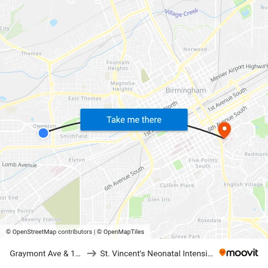 Graymont Ave & 10th St W to St. Vincent's Neonatal Intensive Care Unit map