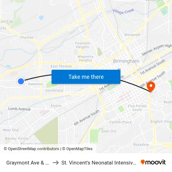 Graymont Ave & 15th St to St. Vincent's Neonatal Intensive Care Unit map