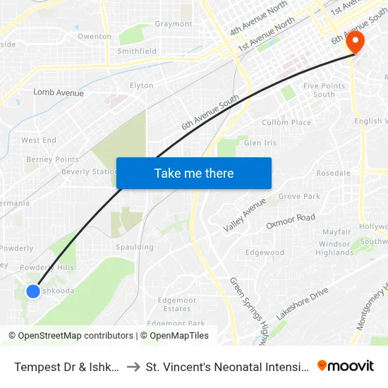 Tempest Dr & Ishkooda Rd to St. Vincent's Neonatal Intensive Care Unit map