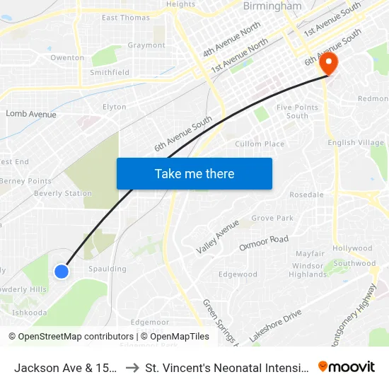 Jackson Ave & 15th Pl SW to St. Vincent's Neonatal Intensive Care Unit map