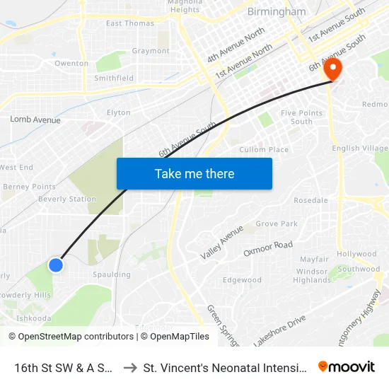 16th St SW & A Shores Dr to St. Vincent's Neonatal Intensive Care Unit map