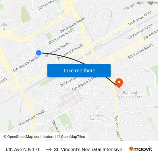 6th Ave N & 17th St N to St. Vincent's Neonatal Intensive Care Unit map