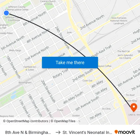 8th Ave N & Birmingham Museum Of Art to St. Vincent's Neonatal Intensive Care Unit map