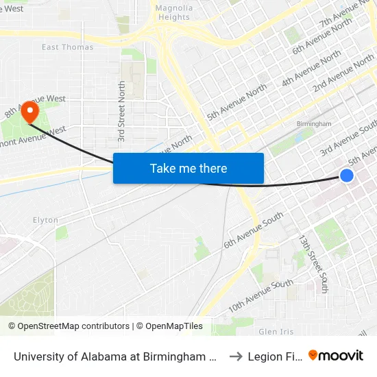 University of Alabama at Birmingham Hospital to Legion Field map