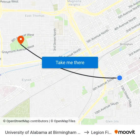 University of Alabama at Birmingham Arena to Legion Field map