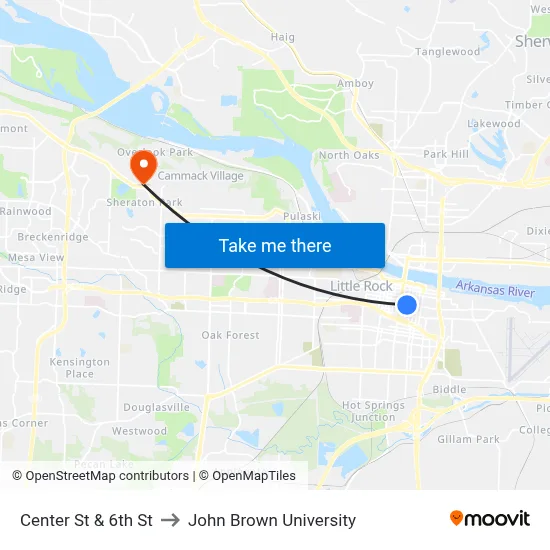 Center St & 6th St to John Brown University map