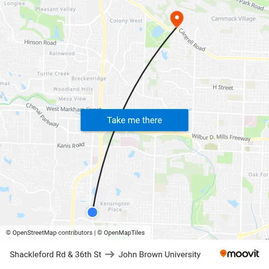 Shackleford Rd & 36th St to John Brown University map