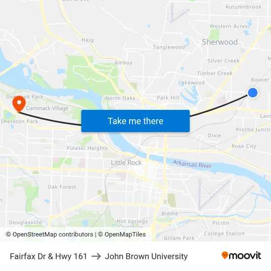Fairfax Dr & Hwy 161 to John Brown University map