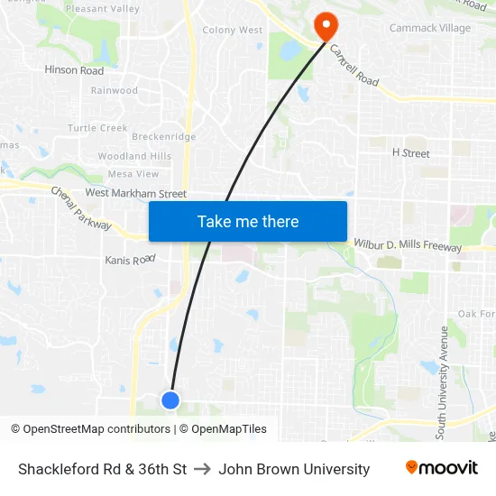 Shackleford Rd & 36th St to John Brown University map