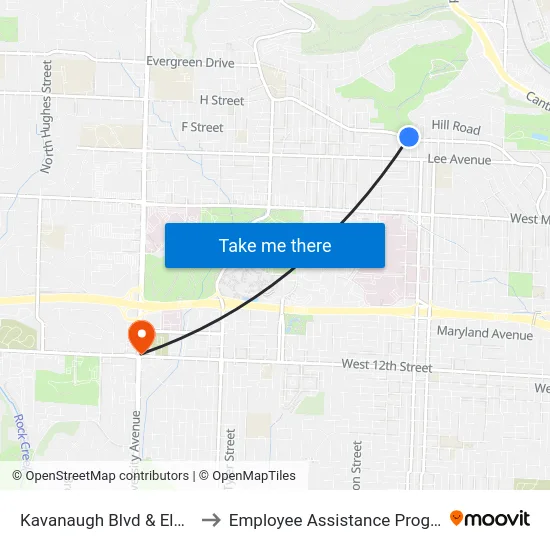 Kavanaugh Blvd & Elm St to Employee Assistance Program map
