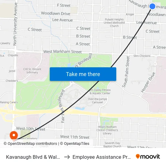 Kavanaugh Blvd & Walnut St to Employee Assistance Program map