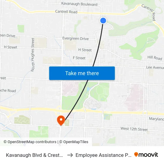 Kavanaugh Blvd & Crestwood Dr to Employee Assistance Program map
