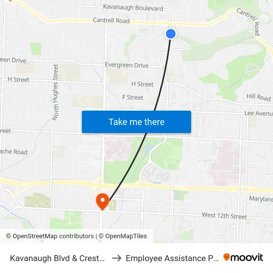 Kavanaugh Blvd & Crestwood Dr to Employee Assistance Program map