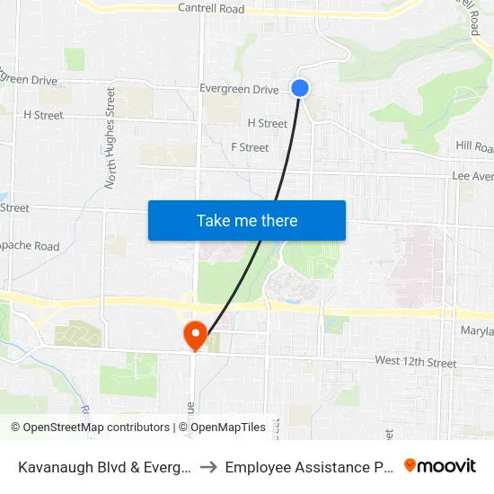Kavanaugh Blvd & Evergreen Dr to Employee Assistance Program map