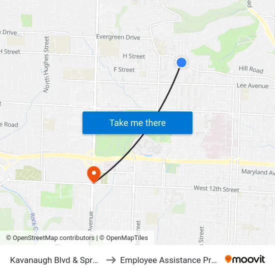 Kavanaugh Blvd & Spruce St to Employee Assistance Program map