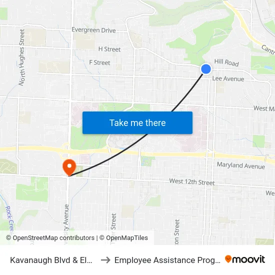 Kavanaugh Blvd & Elm St to Employee Assistance Program map