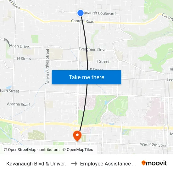 Kavanaugh Blvd & University Ave to Employee Assistance Program map