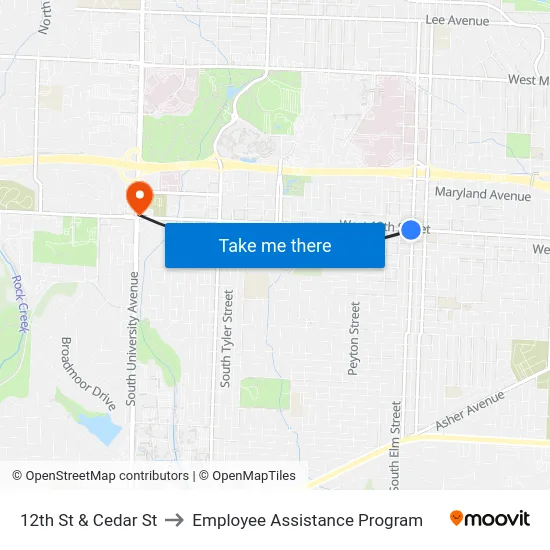 12th St & Cedar St to Employee Assistance Program map