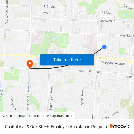 Capitol Ave & Oak St to Employee Assistance Program map