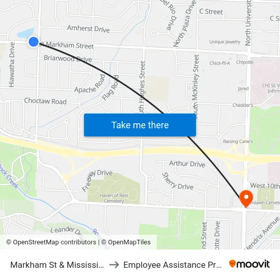 Markham St & Mississippi St to Employee Assistance Program map