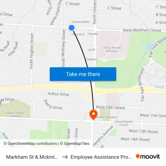 Markham St & Mckinley St to Employee Assistance Program map