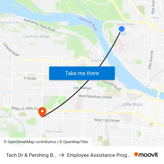 Tech Dr & Pershing Blvd to Employee Assistance Program map
