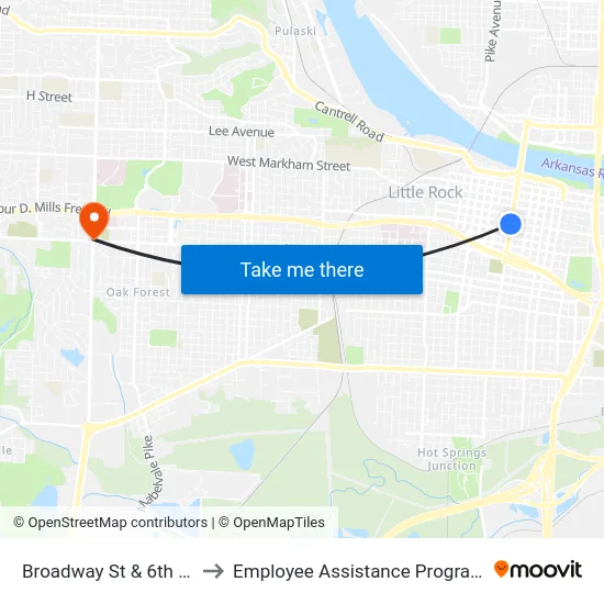 Broadway St & 6th St to Employee Assistance Program map