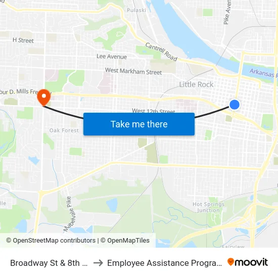 Broadway St & 8th St to Employee Assistance Program map