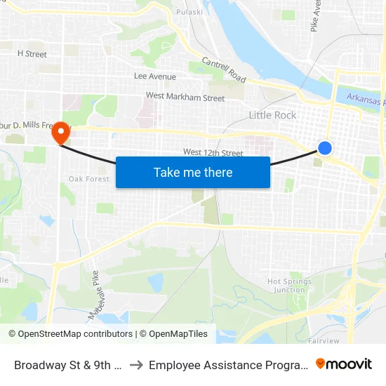 Broadway St & 9th St to Employee Assistance Program map