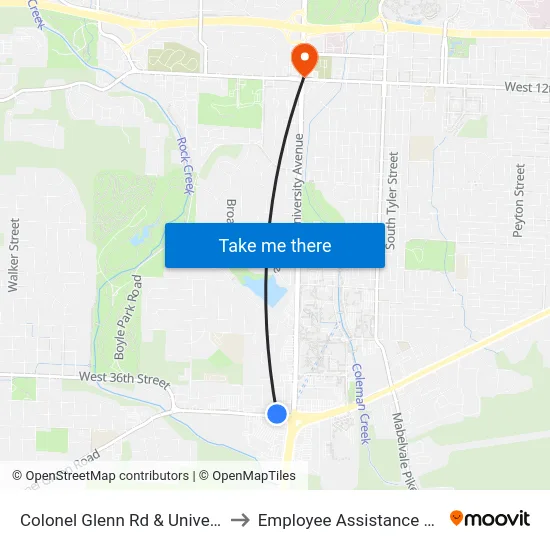 Colonel Glenn Rd & University Ave to Employee Assistance Program map