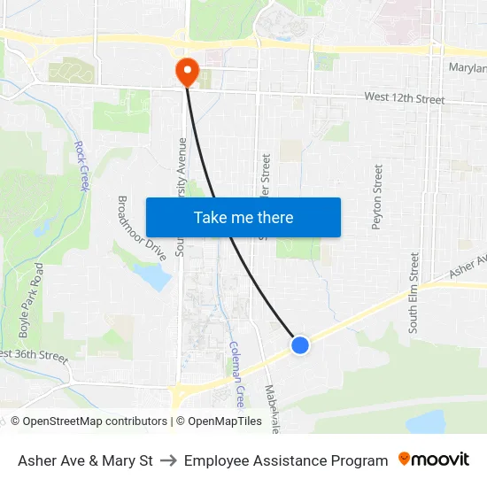 Asher Ave & Mary St to Employee Assistance Program map