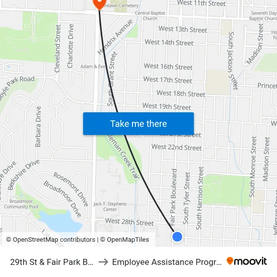 29th St & Fair Park Blvd to Employee Assistance Program map