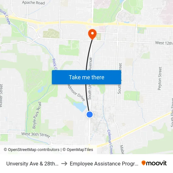 Unversity Ave & 28th St to Employee Assistance Program map