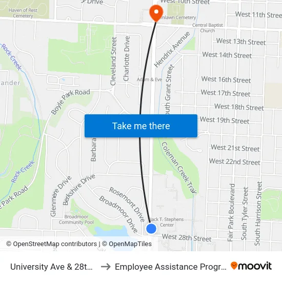 University Ave & 28th St to Employee Assistance Program map