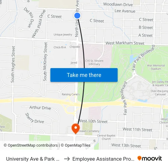 University Ave & Park Plaza to Employee Assistance Program map
