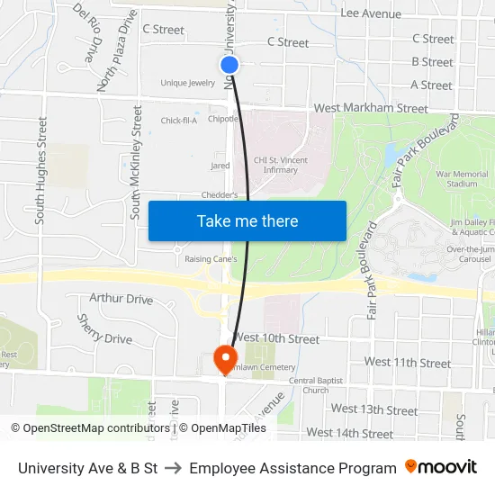 University Ave & B St to Employee Assistance Program map