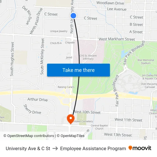 University Ave & C St to Employee Assistance Program map